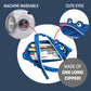 Blue zipper bag with cartoon eyes, washing machine icon, and text about machine washability on a dark blue background.