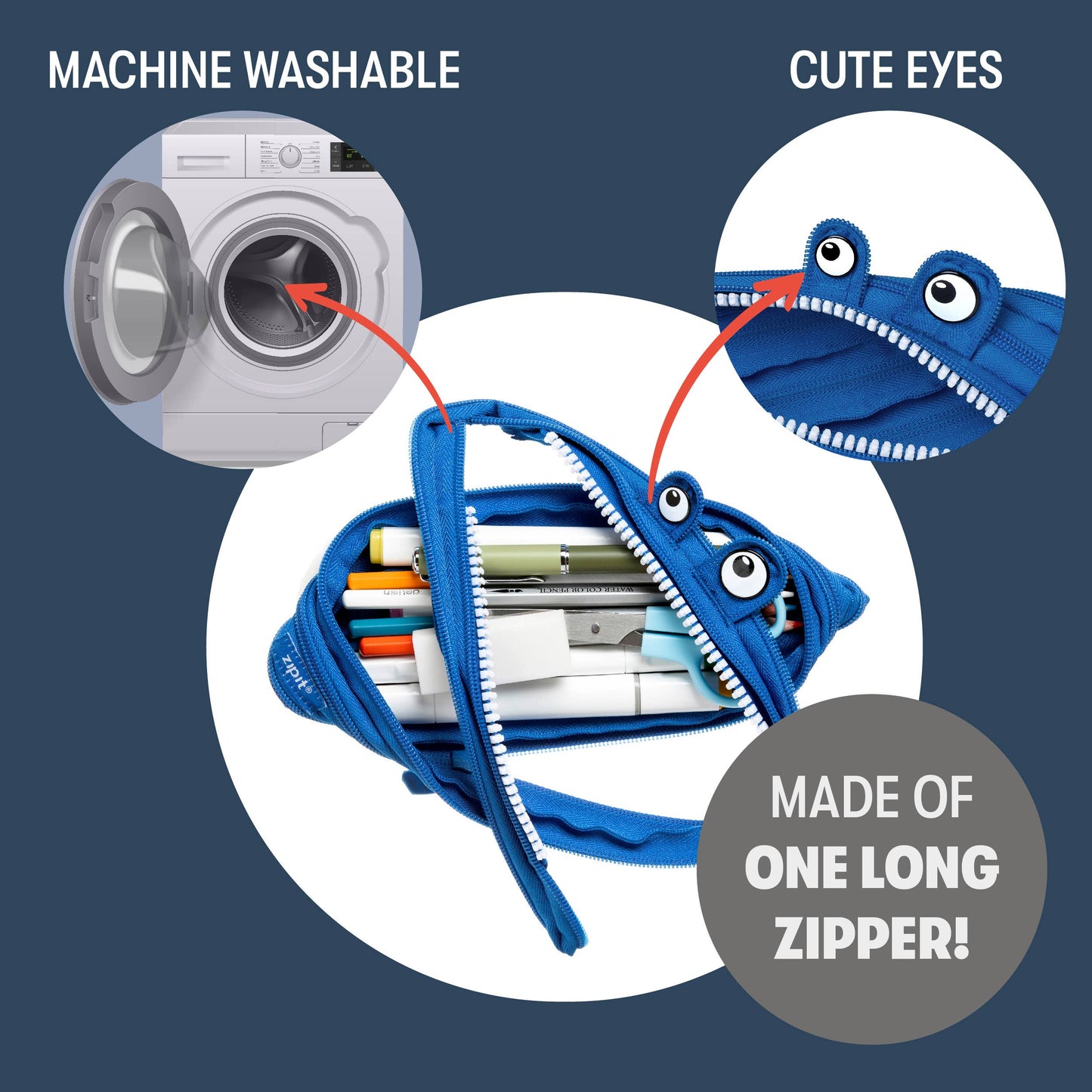 Blue zipper bag with cartoon eyes, washing machine icon, and text about machine washability on a dark blue background.