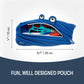 Blue zipper pouch shaped like a fish with measurements and text on a white background