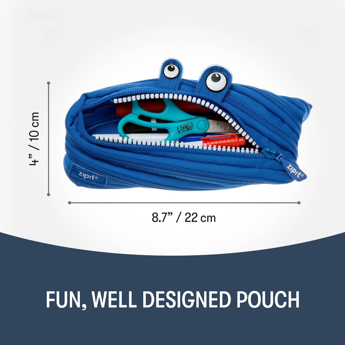 Blue zipper pouch shaped like a fish with measurements and text on a white background