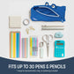 Blue shark-shaped pencil case with stationery items on a white background