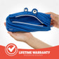 Blue zipper pouch with eyes held by a hand, featuring a lifetime warranty badge.