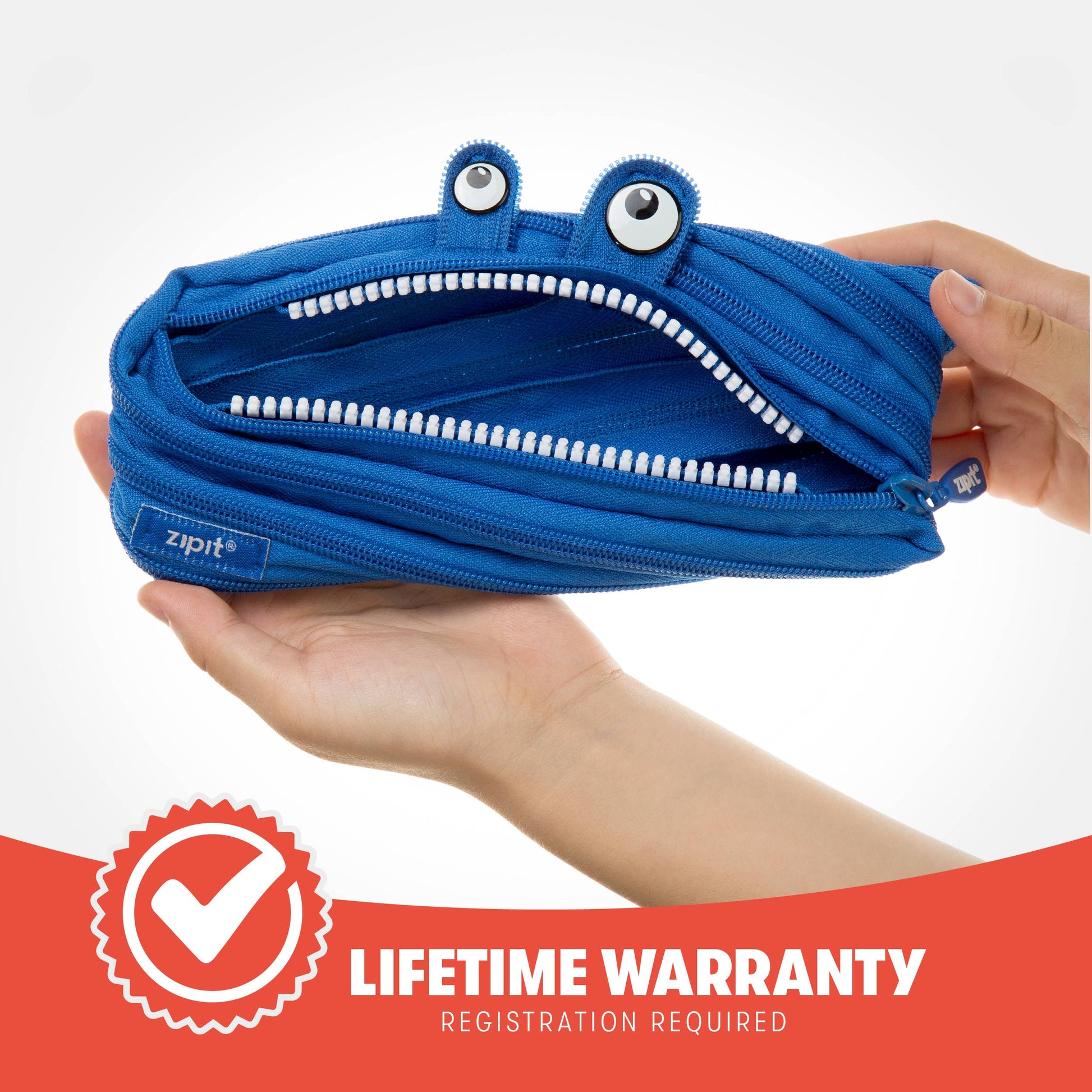 Blue zipper pouch with eyes held by a hand, featuring a lifetime warranty badge.