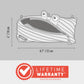Measurement chart of a zipper pouch with dimensions and a lifetime warranty badge on a gray background