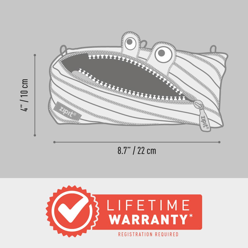 Measurement chart of a zipper pouch with dimensions and a lifetime warranty badge on a gray background