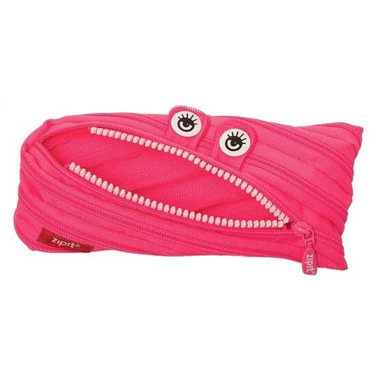 Pink pencil case with zipper and eyes on a white background