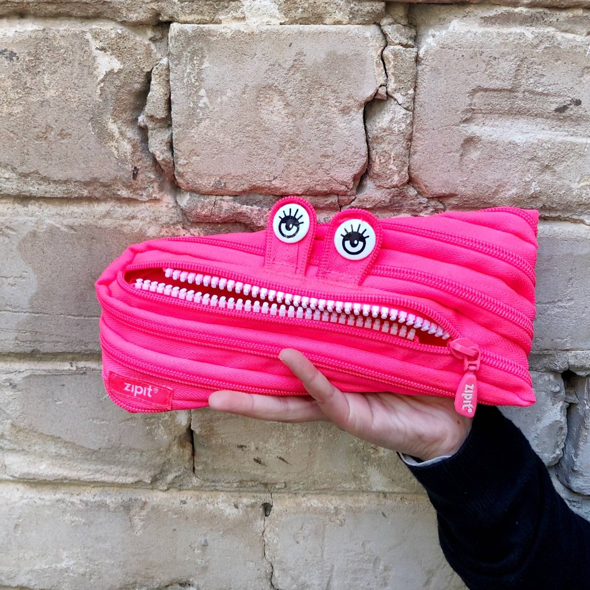 Pink zipper pouch with eyes held against a stone wall