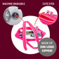 Pink zipper pouch with cartoon eyes on a purple background, featuring text about machine washability and long zipper.