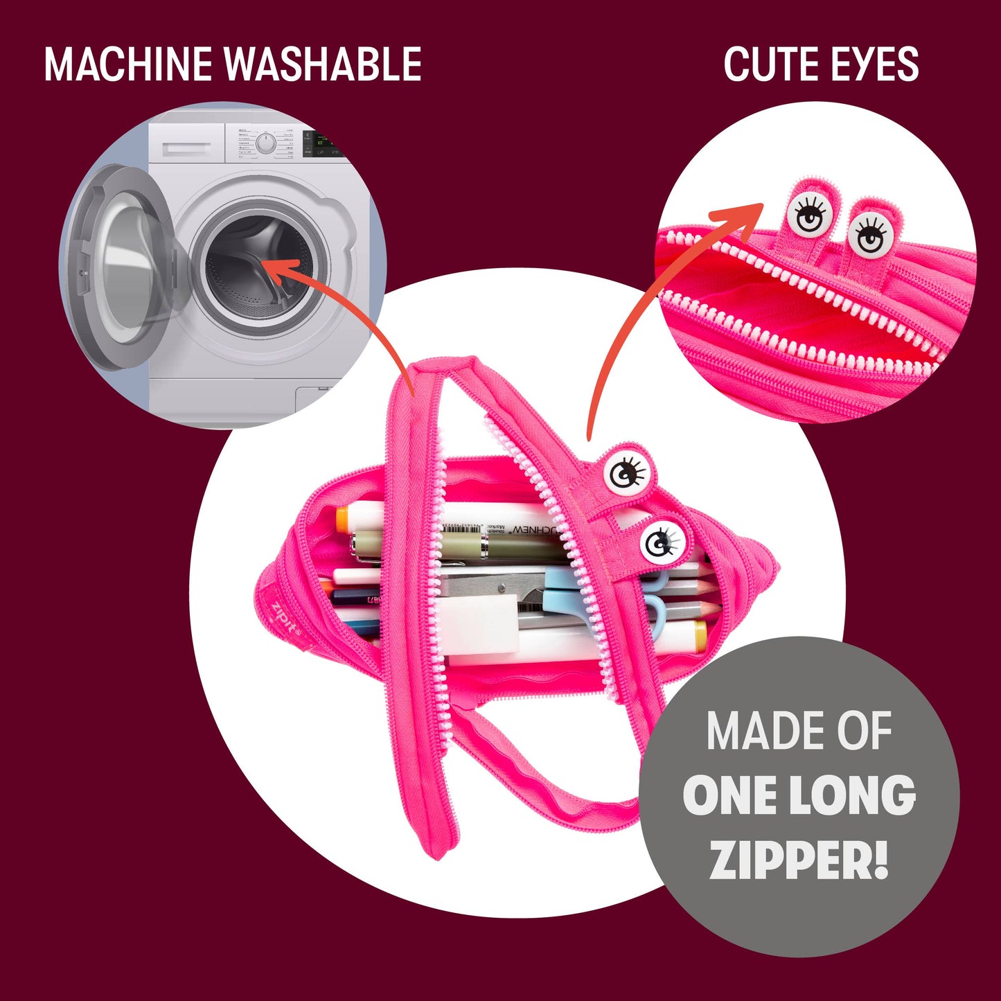 Pink zipper pouch with cartoon eyes on a purple background, featuring text about machine washability and long zipper.