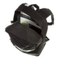 Black backpack with compartments and items inside on a white background