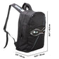 Black backpack with eye design and measurements on a white background
