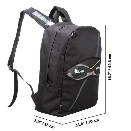 Black backpack with eye design and measurements on a white background
