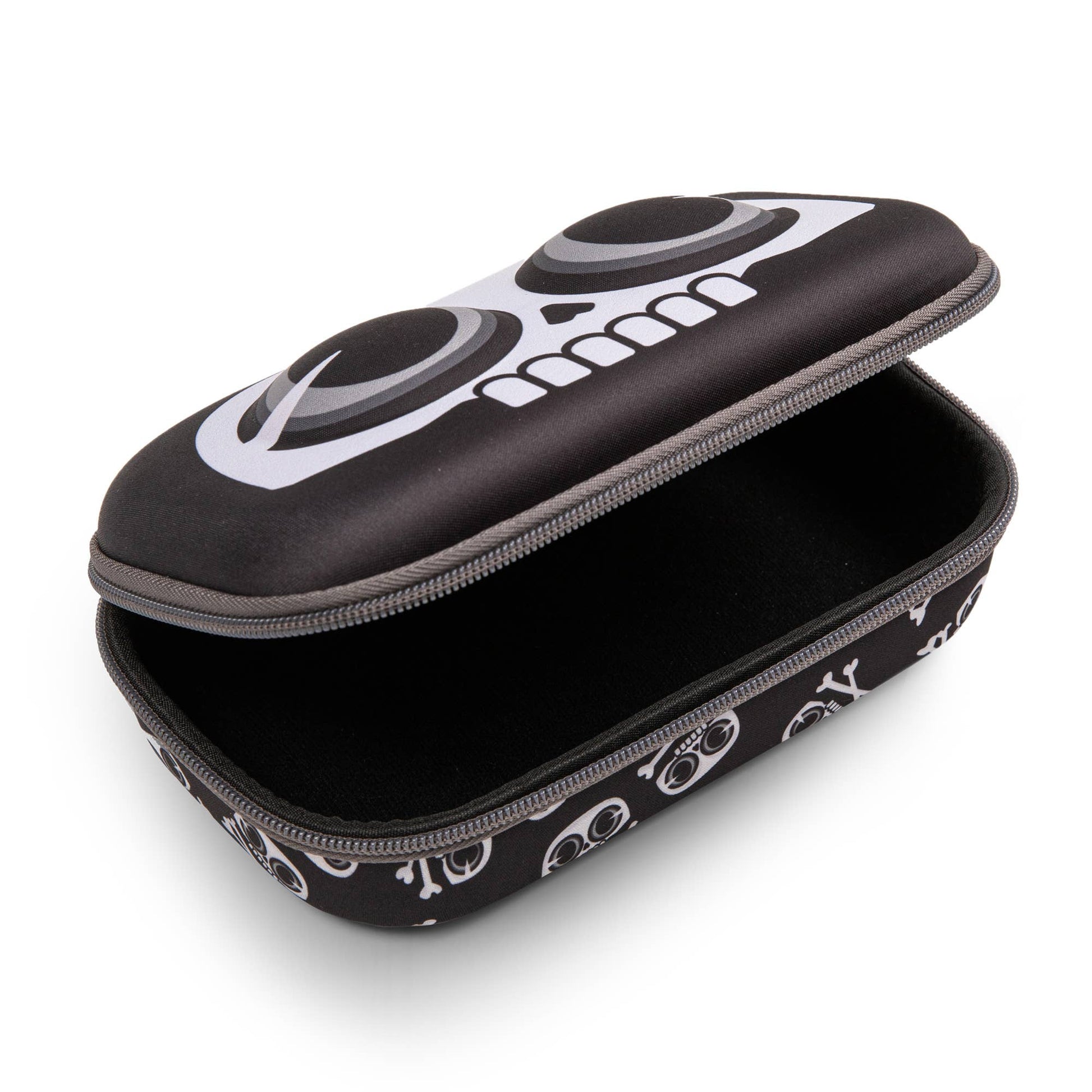 Black and white skull-patterned case on a white background