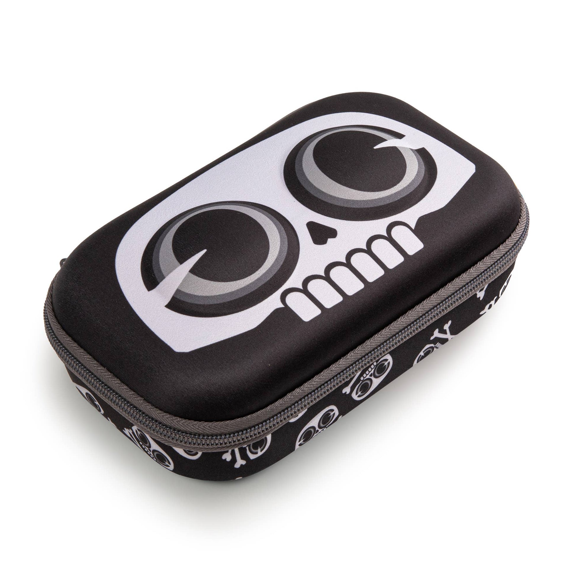 Black and white skull-shaped case on a white background
