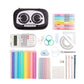 Assorted stationery items including a skull-shaped pencil case, calculators, pens, and other office supplies on a white background.