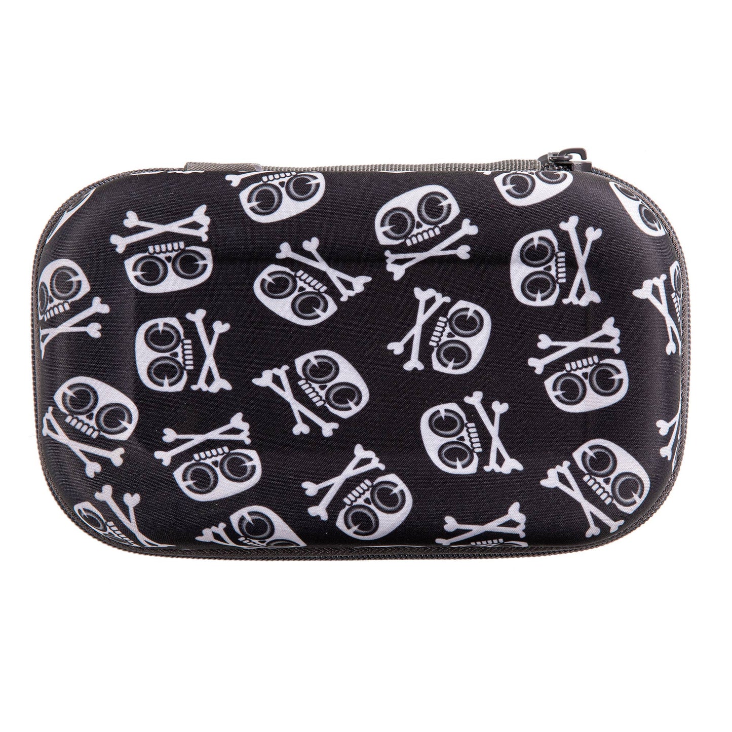 Black case with white skull and crossbones pattern on a white background