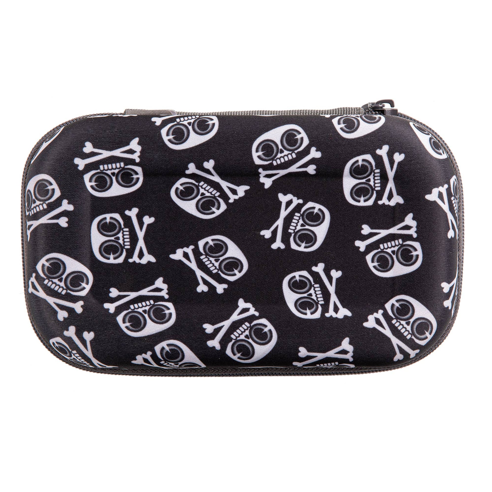 Black case with white skull and crossbones pattern on a white background