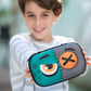 Child holding a colorful case with a cartoon character design outdoors.