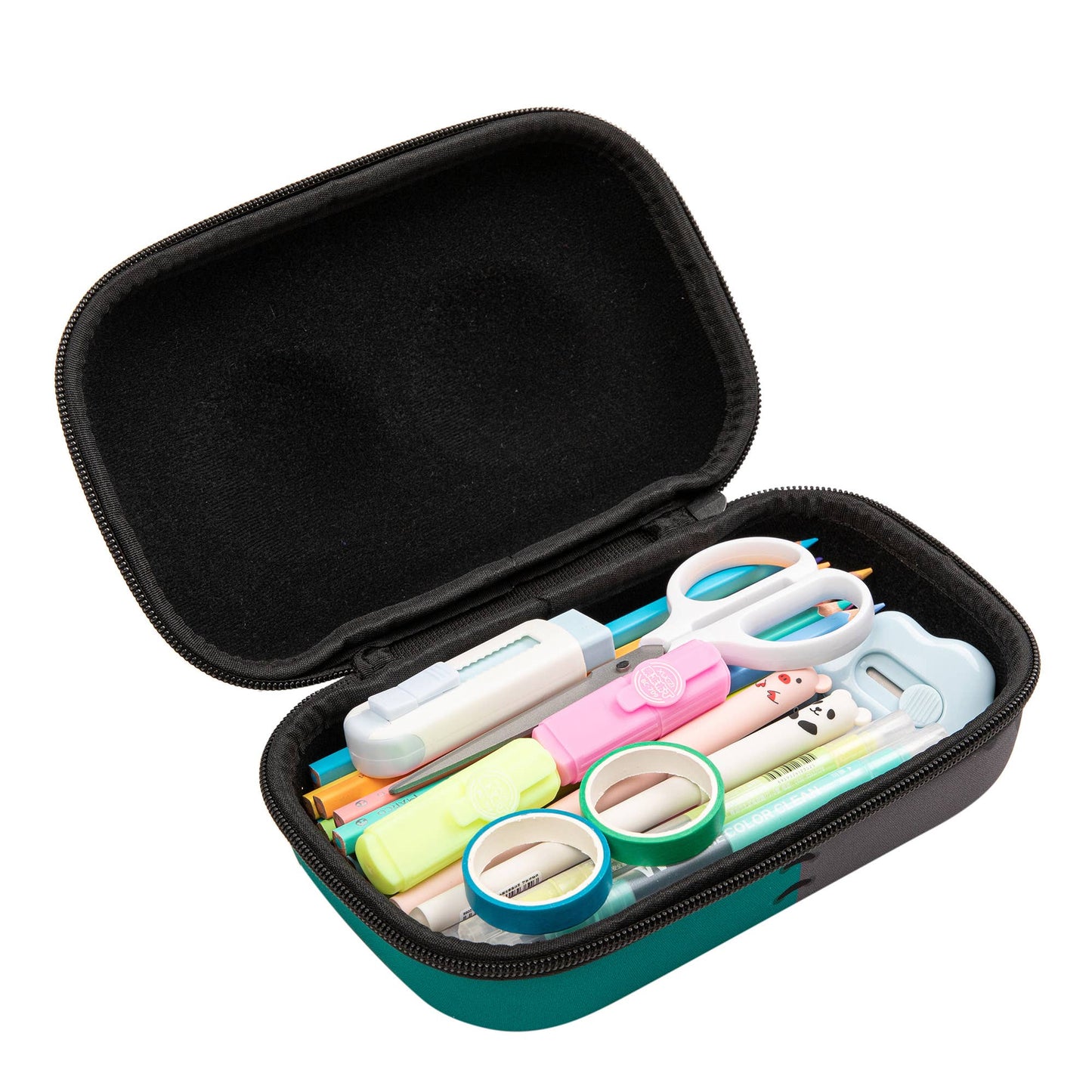 Black pencil case with stationery items on a white background