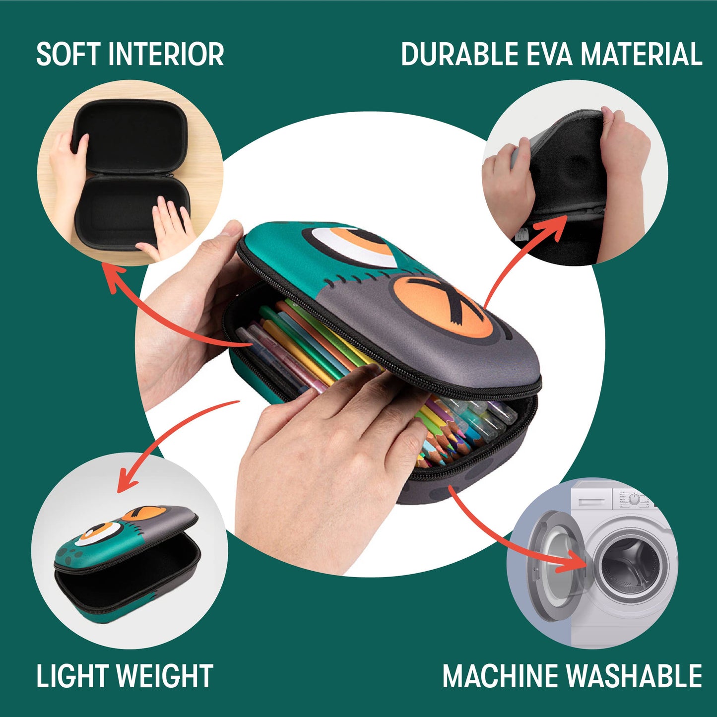 Pouch with colorful items held by a hand, featuring text on material properties.