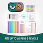 Collection of stationery items including pens, pencils, a calculator, and more on a white background.