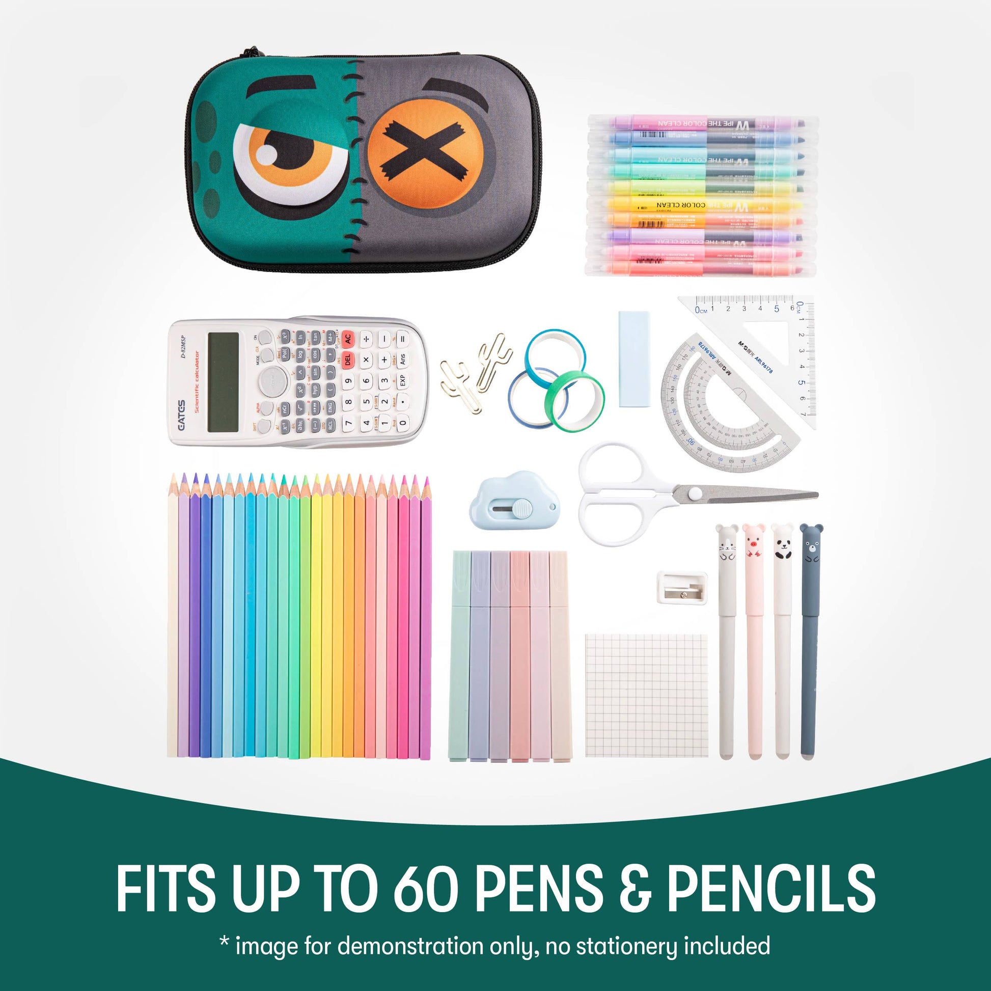 Collection of stationery items including pens, pencils, a calculator, and more on a white background.