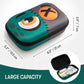 Green and gray case with cartoon face design and dimensions on a white background