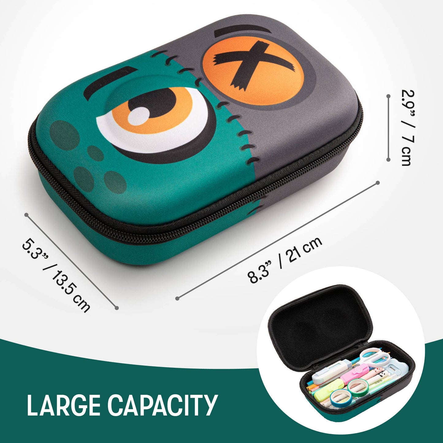 Green and gray case with cartoon face design and dimensions on a white background