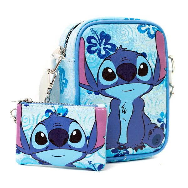 Disney Lilo and Stitch Floral Blues Vegan Leather Bag and Coin Pouch Combo