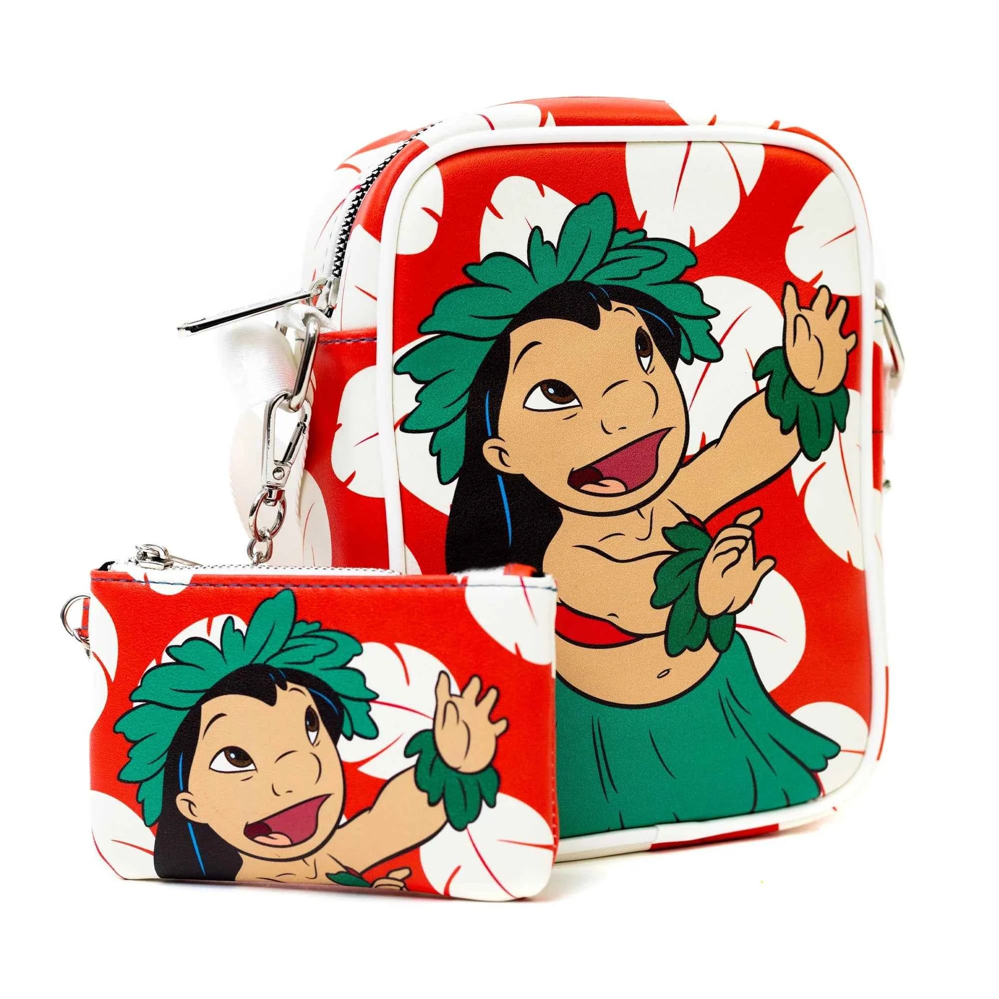 Disney Lilo and Stitch Lilo Hula Pose and Dress Print Red Vegan Leather Bag and Coin Purse Combo