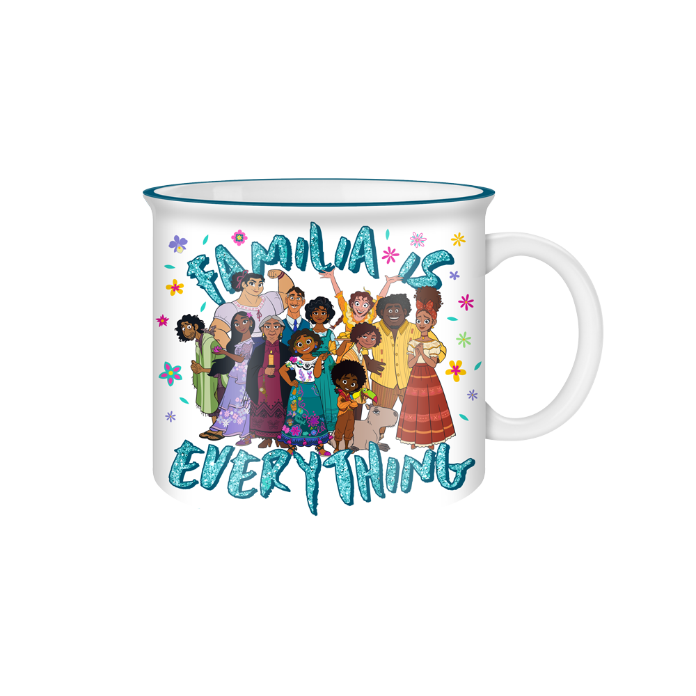 A 20oz ceramic camper mug with a colorful glittery design featuring characters from the Disney movie 'Encanto'.