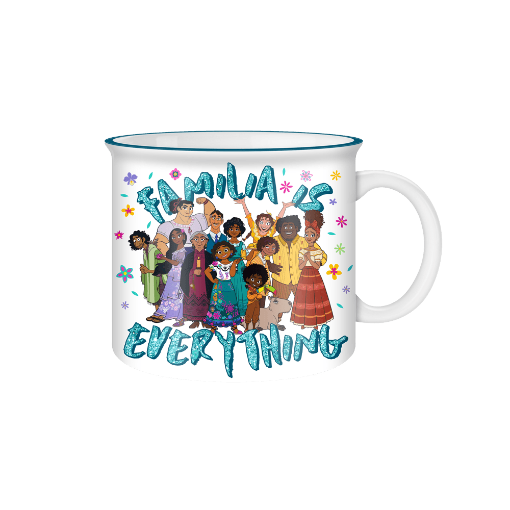 A 20oz ceramic camper mug with a colorful glittery design featuring characters from the Disney movie 'Encanto'.