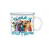 A 20oz ceramic camper mug with a colorful glittery design featuring characters from the Disney movie &