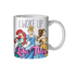 A 20oz ceramic mug with Disney Princess characters Cinderella, Ariel, and Belle depicted in vibrant colors, with the phrase &