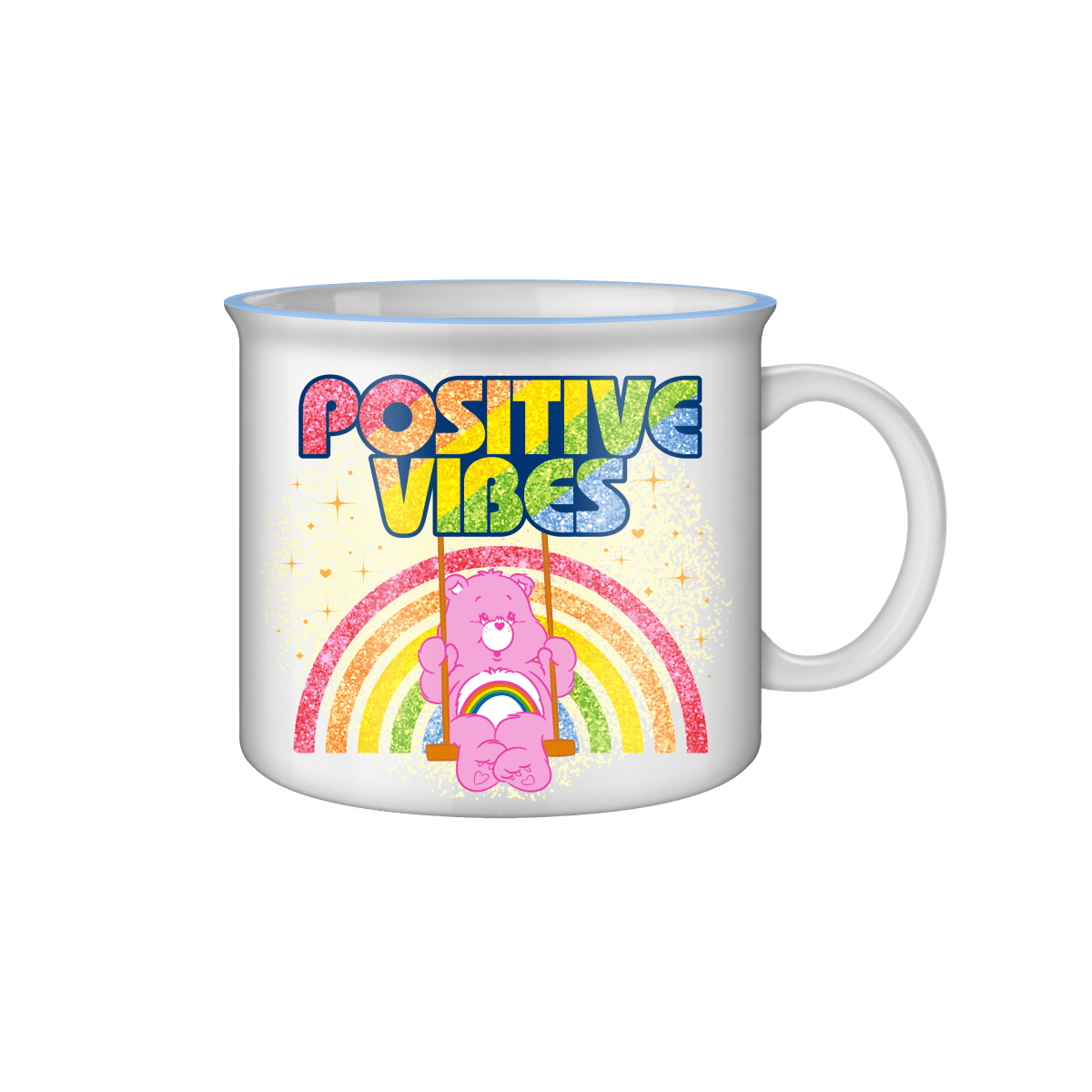 Care Bears “Positive Vibes” Glitter Ceramic Camper Mug Featuring Cheer Bear – 20oz - Leo's Treasure Box